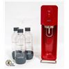 Image 1 : RED SODA STREAM DRINK MAKER W/ 3 REFILL BOTTLES