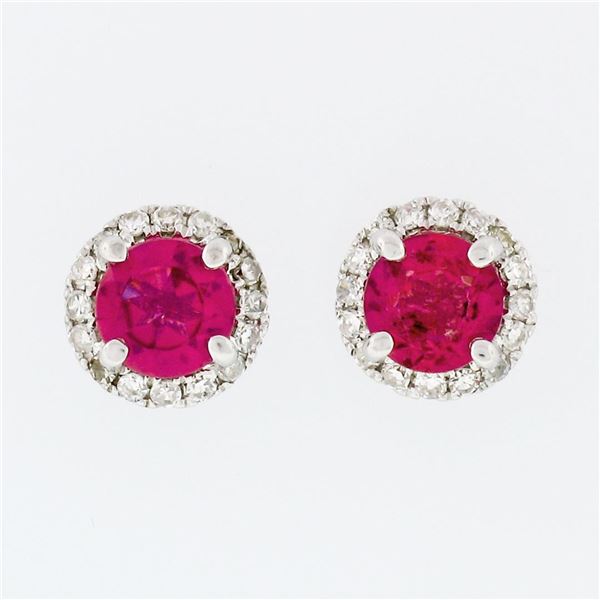 14k White Gold 1.35 ctw Round Prong Pink Tourmaline & Diamond Halo Stud Earrings