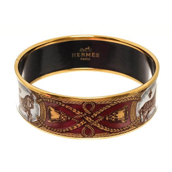 Hermes Enamel Bangle Bracelet Gold, Bordeaux, Multi Metal/Enamel