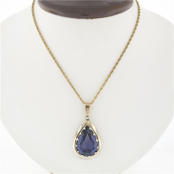 Vintage 14K Gold Alexandrite Large Teardrop Open Polished Frame Pendant Necklace