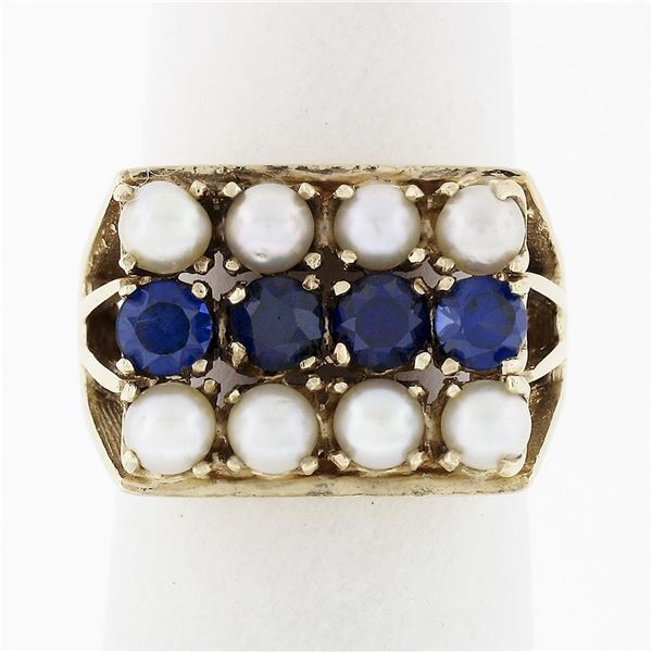 Vintage 14k Yellow Gold Pearl & Blue Stone Open 3 Row Prong Wide Statement Ring