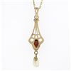 Image 4 : Antique Victorian 10k Gold Garnet Pearl Dangle Lavalier Pendant On New 14k Chain