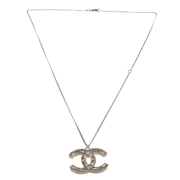 Chanel CC Bijoux Necklace Silver Metal Rhinestones