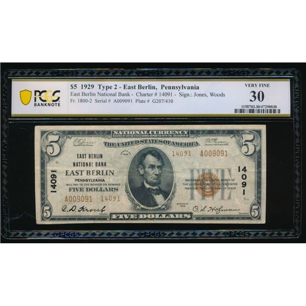 1929 $5 East Berlin PA National PCGS 30