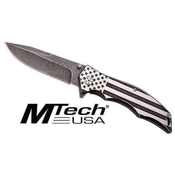 MC MTECH 3.75  DROP POINT FOLDER BLACK/WHITE FLAG SS