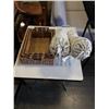 Image 1 : LOT OF WICKER TRAYS, NECKROLL PILLOWS AND WIRE BASKET