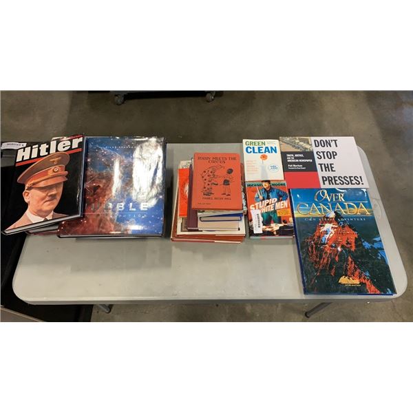 LOT OF COFFEE TABLE HARD COVER BOOKS, WAR, HUBBLE, ANTIQUES AND MORE