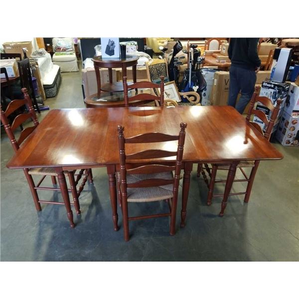 DROP SIDE DINING TABLE WITH 4 LADDER BACK CHAIRS, AND HOT PADS, GOOD OVERALL CONDITION