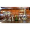 Image 1 : PEARLESCENT WINE GLASSES AND DECANTER, AND VINTAGE GREEN GLASS GOBLETS