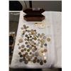 Image 1 : WOOD BOX OF COLLECTIBLE STAMPS, COINS, AND LOT OF COLLECTIBLE WORLD COINS, TOKENS ETC