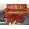 Image 1 : Tan Leather Sofa w/Cherry Coffee Table & Bombay Pedestal Side Table