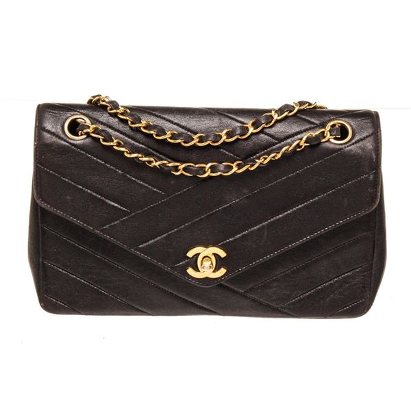 Chanel Single Flap Envelope Stitch Cheveron Shoulder Bag Black Leather