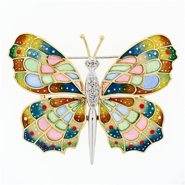 Estate 18k Gold Large Colorful Plique a Jour Enamel Diamond Butterfly Brooch Pin