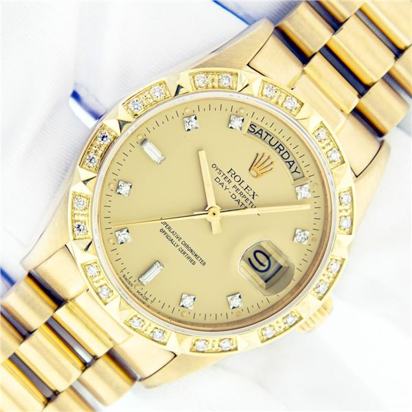 Rolex Mens 18K Yellow Gold Champagne Diamond Day Date President Wristwatch