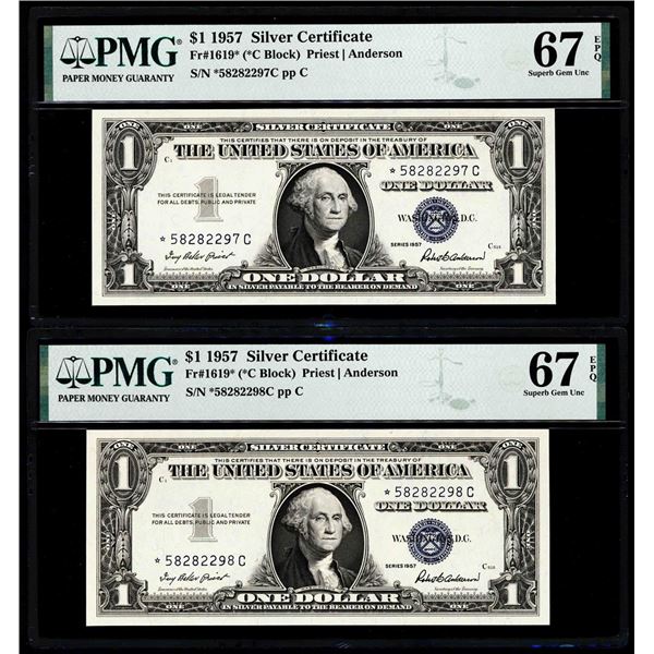 (2) Consecutive 1957 $1 Silver Certificate Star Notes Fr.1619* PMG Superb Gem Unc. 67EPQ