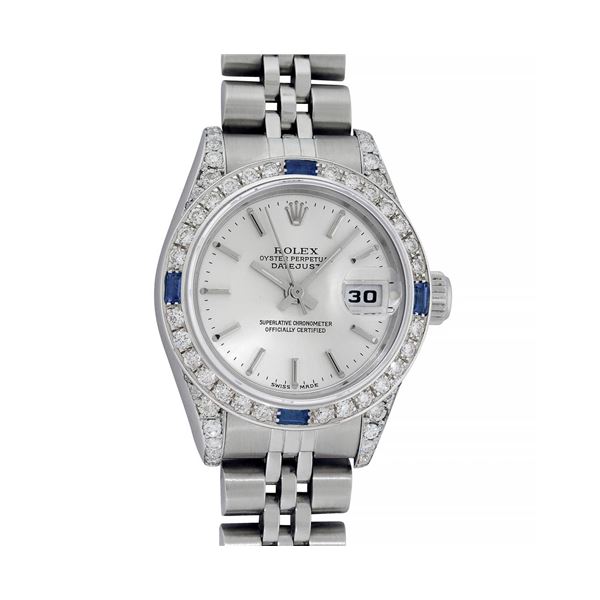 Rolex Ladies Stainless Steel Sapphire and Diamond Datejust Wristwatch