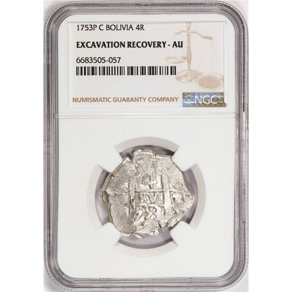 Shipwreck 1753P C Bolivia 4 Reales Silver Coin NGC AU Excavation Recovery