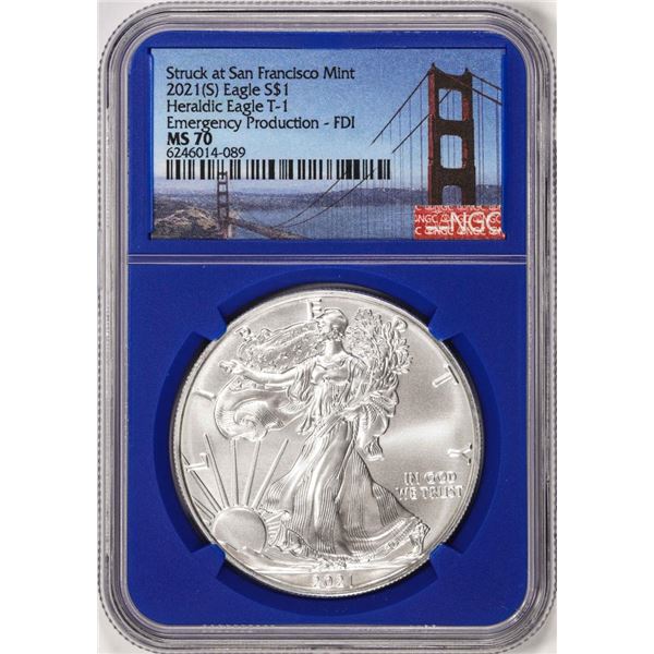 2021(S) Type 1 $1 American Silver Eagle Coin NGC MS70 FDI San Francisco Blue Core
