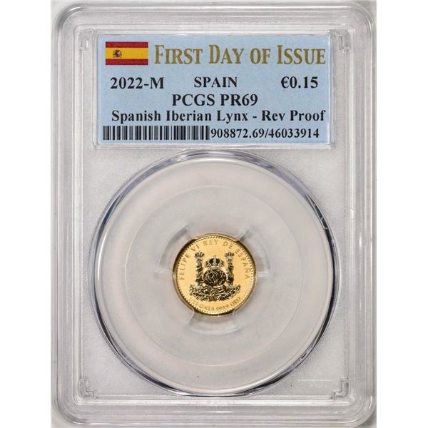 2022M Spain 15 Euro Cent Reverse Proof Lynx Gold Doubloon Coins PCGS PR69 FDOI