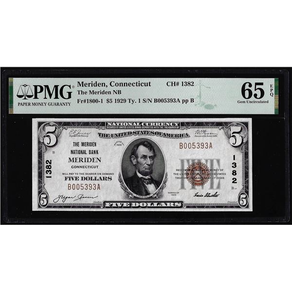 1929 $5 National Bank Meriden, CT CH# 1382 National Note PMG Gem Uncirculated 65EPQ