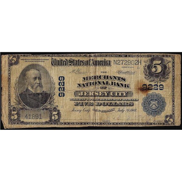 1902PB $5 The Merchants NB of Jersey City, NJ CH# 9229 National Currency Note