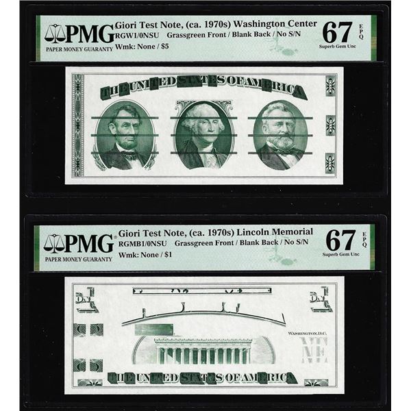 Set of Giori Test Note Washington & Lincoln Memorial PMG Superb Gem Unc 67EPQ