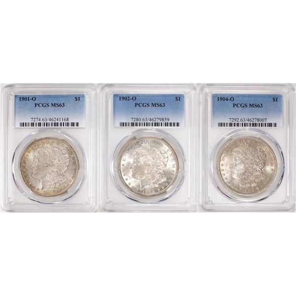 Lot of 1901-O, 1902-O, & 1904-O $1 Morgan Silver Dollar Coins PCGS MS63