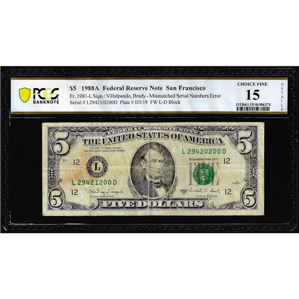 1988A $5 Federal Reserve Note Mismatched Serial Number Error PCGS Ch. Fine 15 Details