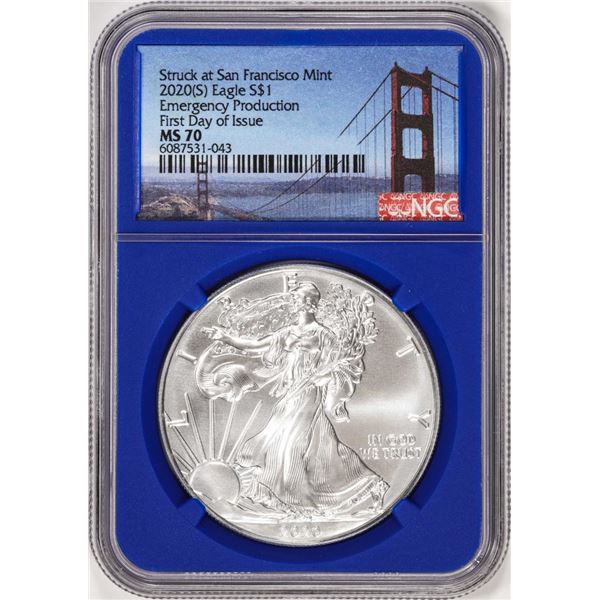 2020(S) $1 American Silver Eagle Coin NGC MS70 FDOI San Francisco Mint Blue Core