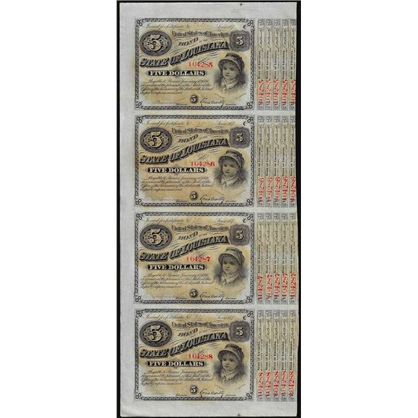 Uncut Sheet of (4) State of Louisiana Baby Bond Obsolete Notes