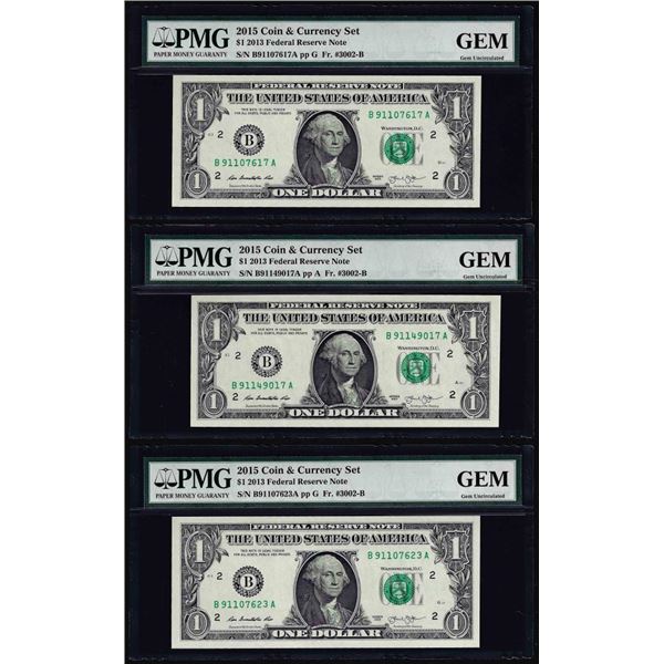 Lot of (3) 2013 $1 Federal Reserve Notes New York Fr.3002-B PMG Gem Uncirculated GEM