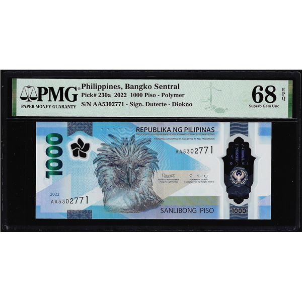 2022 Philippines Central Bank 1000 Piso Note P230a PMG Superb Gem Uncirculated 68EPQ