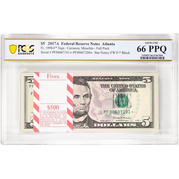 Pack 2017A $5 Federal Reserve STAR Notes ATL Fr.1998-F* PCGS Gem Uncirculated 66PPQ