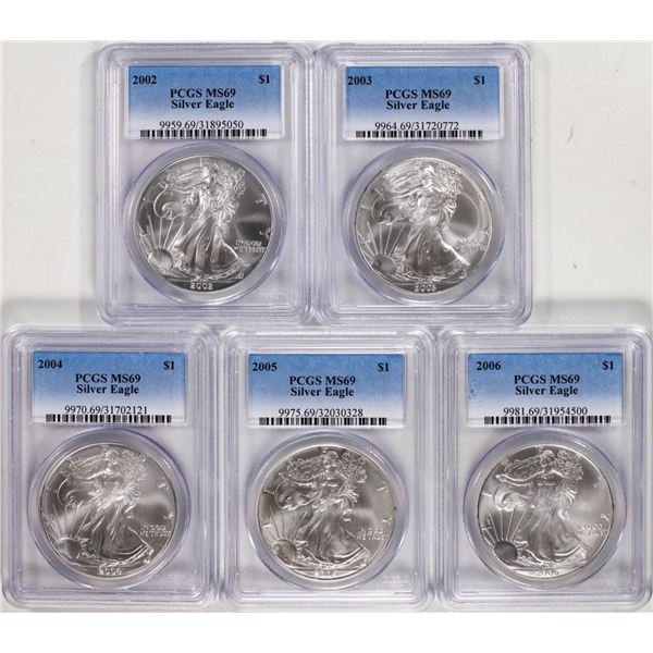 Lot of 2002-2006 $1 American Silver Eagle Coins PCGS MS69