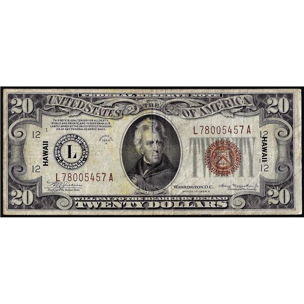 1934A $20 Hawaii WWII Emergency Issue Federal Reserve Note