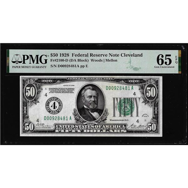 1928 $50 Federal Reserve Note Cleveland Fr.2100-D PMG Gem Uncirculated 65EPQ