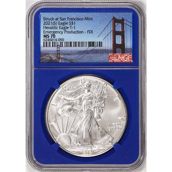 2021(S) Type 1 $1 American Silver Eagle Coin NGC MS70 FDI San Francisco Blue Core