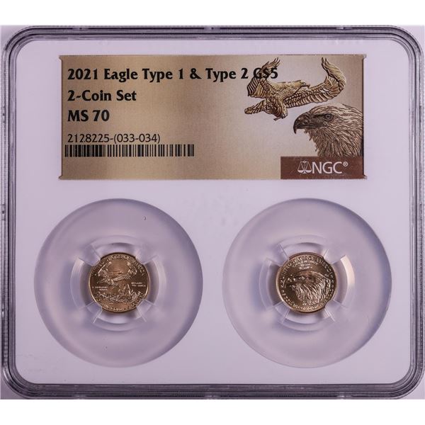 Set of 2021 Type 1 & Type 2 $5 American Gold Eagle Coins NGC MS70