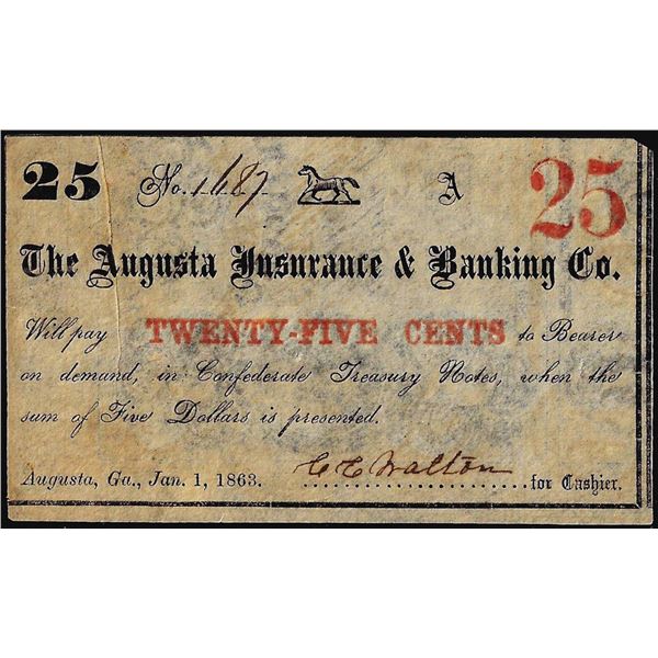 1863 Twenty-Five Cents Augusta Insurance & Banking Co. Obsolete Note