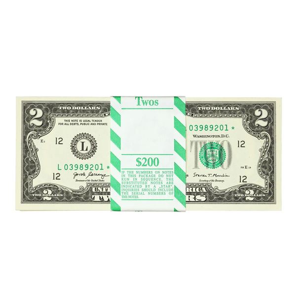 Pack of (100) Consecutive 2017A $2 Federal Reserve Star Notes San Francisco