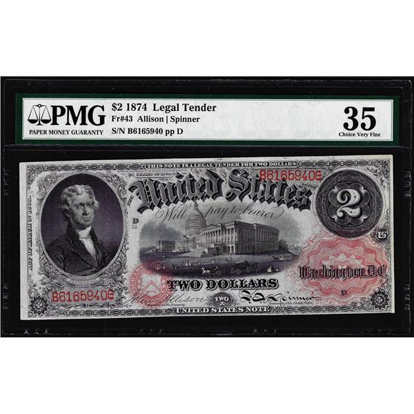 1874 $2 Legal Tender Note Fr.43 PMG Choice Very Fine 35