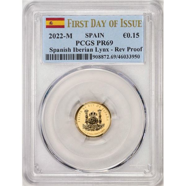 2022M Spain 15 Euro Cent Reverse Proof Lynx Gold Doubloon Coins PCGS PR69 FDOI