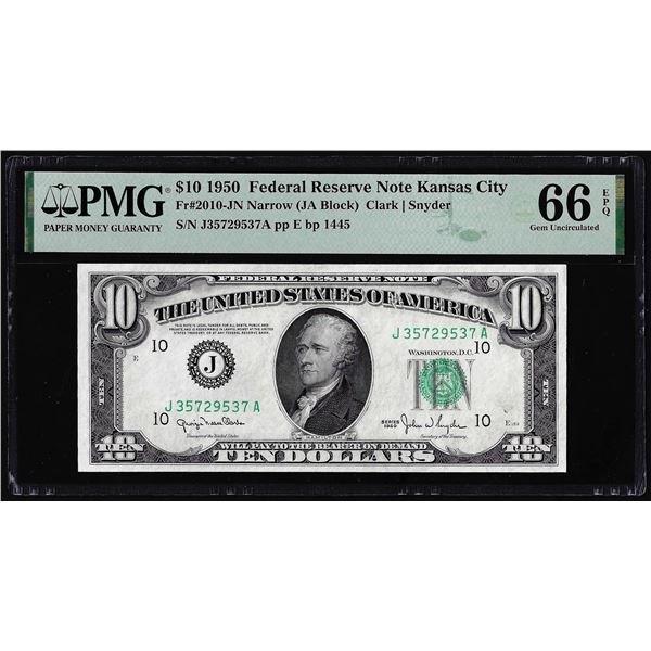 1950 $10 Federal Reserve Note Kansas City Fr.2010-J Narrow PMG Gem Uncirculated 66EPQ