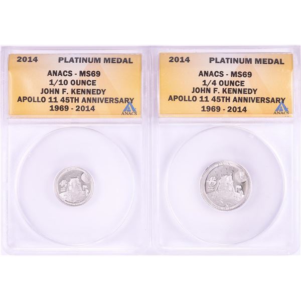 Set of 2014 Proof 1/10 & 1/4 oz Platinum JFK Apollo 11 Anniversary Medals ANACS MS69