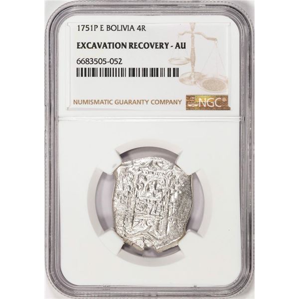 Shipwreck 1751P E Bolivia 4 Reales Silver Coin NGC AU Excavation Recovery