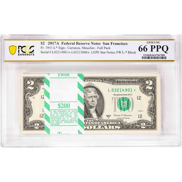 Pack 2017A $2 Federal Reserve STAR Notes SF Fr.1941-L* PCGS Gem Uncirculated 66PPQ