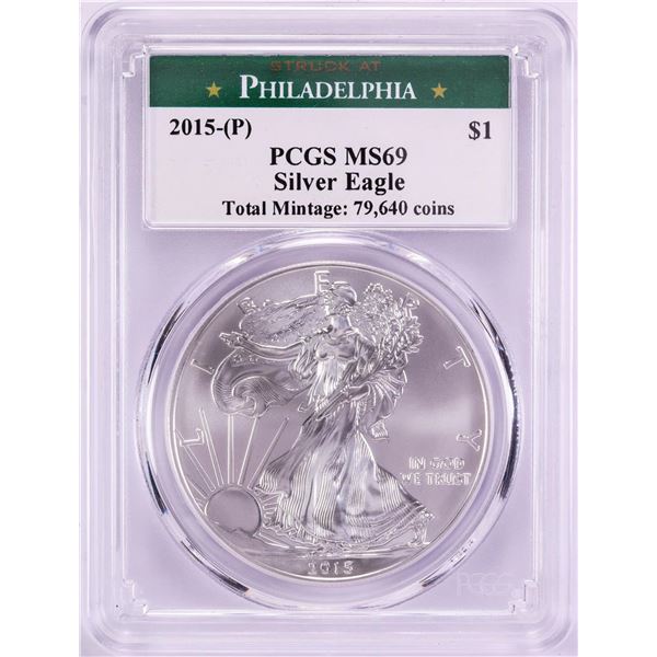 2015-(P) $1 American Silver Eagle Coin PCGS MS69 Struck at Philadelphia -Chipped Slab