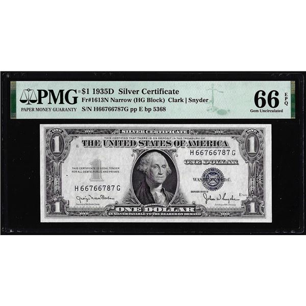 1935D $1 Silver Certificate Note Fr.1613N Narrow PMG Gem Uncirculated 66EPQ