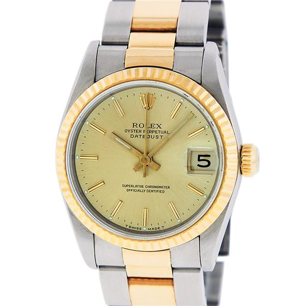 Rolex Ladies Midsize Two Tone Champagne Index Datejust Wristwatch