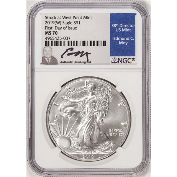 2019(W) $1 American Silver Eagle Coin NGC MS70 FDOI Moy Signature West Point Mint